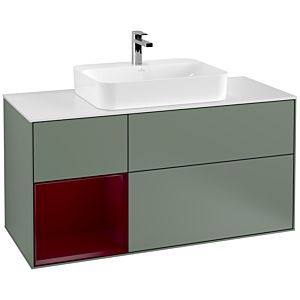 Villeroy und Boch Finion Waschtischunterschrank G411HBGM 120cm, Abdeckplatte white matt, Emotion, Regal links Peony, Olive Matt Lacquer
