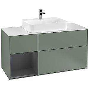 Villeroy und Boch Finion Waschtischunterschrank G411HGGM 120cm, Abdeckplatte white matt, Emotion, Regal links Midnight Blue Matt Lacquer, Olive Matt Lacquer