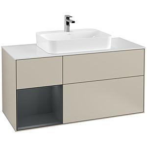 Villeroy und Boch Finion Waschtischunterschrank G411HGHH 120cm, Abdeckplatte white matt, Emotion, Regal links Midnight Blue Matt Lacquer, Sand Matt Lacquer