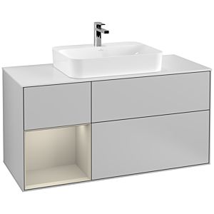 Villeroy und Boch Finion Waschtischunterschrank G411HHGJ 120cm, Abdeckplatte white matt, Emotion, Regal links Sand Matt Lacquer, Light grey matt