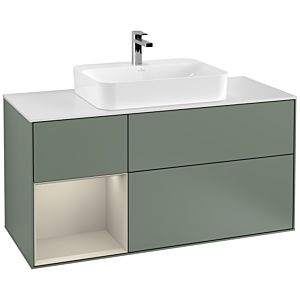 Villeroy und Boch Finion Waschtischunterschrank G411HHGM 120cm, Abdeckplatte white matt, Emotion, Regal links Sand Matt Lacquer, Olive Matt Lacquer
