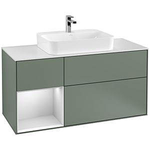 Villeroy und Boch Finion Waschtischunterschrank G411MTGM 120cm, Abdeckplatte white matt, Emotion, Regal links White matt lacquer, Olive Matt Lacquer