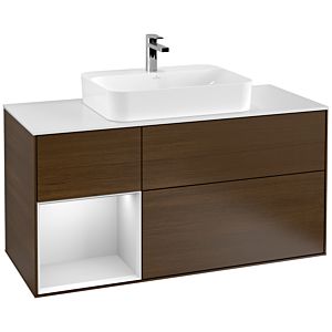 Villeroy et Boch Finion Villeroy et Boch G411MTGN 120cm, plaque de recouvrement blanc mat, Emotion, étagère gauche laqué blanc mat, placage noyer