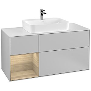 Villeroy und Boch Finion Waschtischunterschrank G411PCGJ 120cm, Abdeckplatte white matt, Emotion, Regal links Oak Veneer, Light grey matt