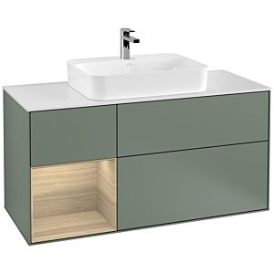 Villeroy und Boch Finion Waschtischunterschrank G411PCGM 120cm, Abdeckplatte white matt, Emotion, Regal links Oak Veneer, Olive Matt Lacquer