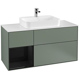 Villeroy und Boch Finion Waschtischunterschrank G411PHGM 120cm, Abdeckplatte white matt, Emotion, Regal links Glossy Black Lacquer, Olive Matt Lacquer