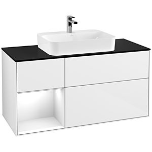 Villeroy et Boch Finion Villeroy et Boch G412GFGF 120cm, plaque de finition noir mat, Emotion, étagère gauche laqué blanc brillant, laqué blanc brillant