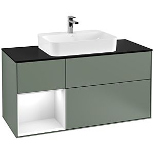 Villeroy und Boch Finion Waschtischunterschrank G412GFGM 120cm, Abdeckplatte black matt, Emotion, Regal links Glossy white lacquer, Olive Matt Lacquer