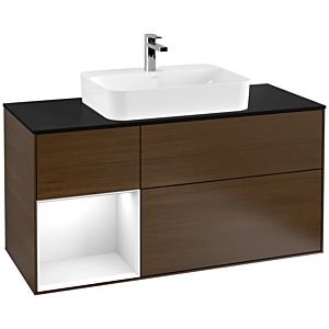 Villeroy und Boch Finion Waschtischunterschrank G412GFGN 120cm, Abdeckplatte black matt, Emotion, Regal links Glossy white lacquer, Walnut veneer