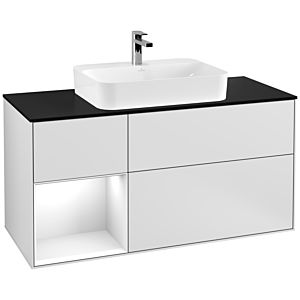 Villeroy and Boch Finion Villeroy and Boch Finion G412GFMT 120cm, cover plate black matt, Emotion, shelf left glossy white lacquer, white matt lacquer