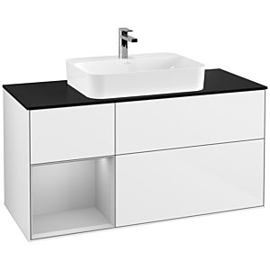 Villeroy und Boch Finion Waschtischunterschrank G412GJGF 120cm, Abdeckplatte black matt, Emotion, Regal links Light grey matt, Glossy white lacquer