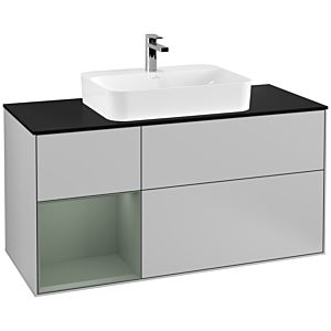 Villeroy und Boch Finion Waschtischunterschrank G412GMGJ 120cm, Abdeckplatte black matt, Emotion, Regal links Olive Matt Lacquer, Light grey matt