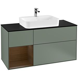 Villeroy und Boch Finion Waschtischunterschrank G412GNGM 120cm, Abdeckplatte black matt, Emotion, Regal links Walnut veneer, Olive Matt Lacquer