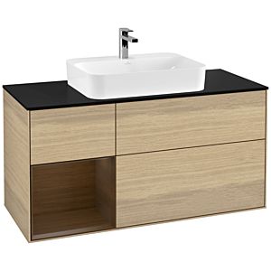 Villeroy und Boch Finion Waschtischunterschrank G412GNPC 120cm, Abdeckplatte black matt, Emotion, Regal links Walnut veneer, Oak Veneer
