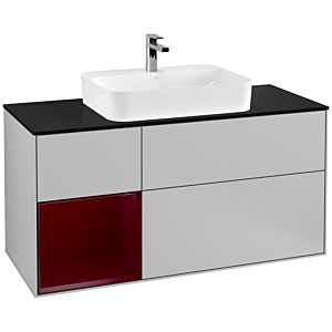 Villeroy und Boch Finion Waschtischunterschrank G412HBGJ 120cm, Abdeckplatte black matt, Emotion, Regal links Peony, Light grey matt