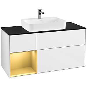 Villeroy and Boch Finion Villeroy and Boch Finion G412HFGF 120cm, cover plate black matt, Emotion, shelf left gold matt, Glossy white lacquer