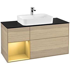 Villeroy und Boch Finion Waschtischunterschrank G412HFPC 120cm, Abdeckplatte black matt, Emotion, Regal links Gold matt, Oak Veneer