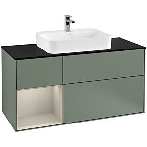 Villeroy und Boch Finion Waschtischunterschrank G412HHGM 120cm, Abdeckplatte black matt, Emotion, Regal links Sand Matt Lacquer, Olive Matt Lacquer