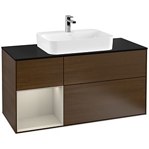Villeroy und Boch Finion Waschtischunterschrank G412HHGN 120cm, Abdeckplatte black matt, Emotion, Regal links Sand Matt Lacquer, Walnut veneer
