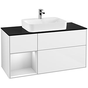 Villeroy et Boch Finion Villeroy et Boch G412MTGF 120cm, plaque de finition noir mat, Emotion, étagère gauche laqué blanc mat, laqué blanc brillant