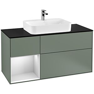 Villeroy et Boch Finion Villeroy et Boch G412MTGM 120cm, plaque de finition noir mat, Emotion, étagère gauche laqué blanc mat, Olive Matt Lacquer