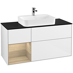 Villeroy und Boch Finion Waschtischunterschrank G412PCGF 120cm, Abdeckplatte black matt, Emotion, Regal links Oak Veneer, Glossy white lacquer