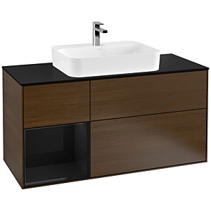 Villeroy und Boch Finion Waschtischunterschrank G412PHGN 120cm, Abdeckplatte black matt, Emotion, Regal links Glossy Black Lacquer, Walnut veneer