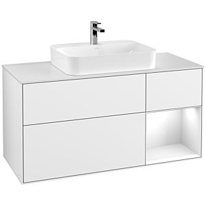 Villeroy et Boch Finion Villeroy et Boch G421GFGF 120cm, plaque de finition blanc mat, Emotion, étagère à droite Blanc brillant, Laque blanc brillant