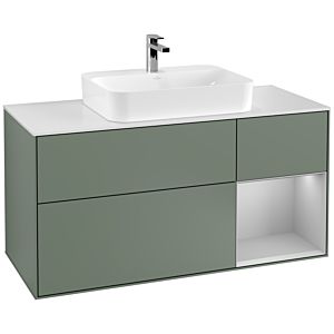 Villeroy und Boch Finion Waschtischunterschrank G421GJGM 120cm, Abdeckplatte white matt, Emotion, Regal rechts Light grey matt, Olive Matt Lacquer