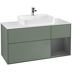 Villeroy und Boch Finion Waschtischunterschrank G421GKGM 120cm, Abdeckplatte white matt, Emotion, Regal rechts Anthracite matt, Olive Matt Lacquer