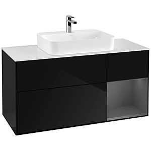 Villeroy und Boch Finion Waschtischunterschrank G421GKPH 120cm, Abdeckplatte white matt, Emotion, Regal rechts Anthracite matt, Glossy Black Lacquer