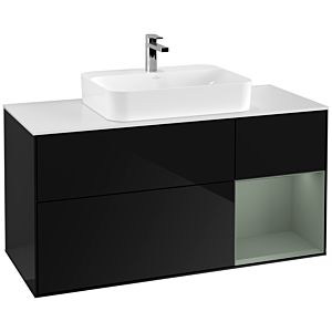 Villeroy und Boch Finion Waschtischunterschrank G421GMPH 120cm, Abdeckplatte white matt, Emotion, Regal rechts Olive matt, Glossy Black Lacquer
