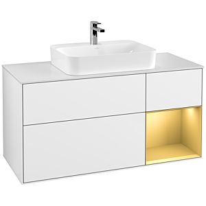 Villeroy et Boch Finion Villeroy et Boch G421HFGF 120cm, plaque de recouvrement blanc mat, Emotion, étagère droite or mat, laqué blanc brillant