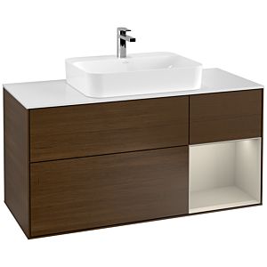 Villeroy und Boch Finion Waschtischunterschrank G421HHGN 120cm, Abdeckplatte white matt, Emotion, Regal rechts Sand matt, Walnut veneer