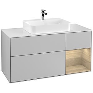 Villeroy und Boch Finion Waschtischunterschrank G421PCGJ 120cm, Abdeckplatte white matt, Emotion, Regal rechts Oak veneer, Light grey matt