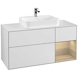 Villeroy et Boch Finion Villeroy et Boch G421PCMT 120cm, couvercle blanc mat, Emotion, étagère droite placage chêne, laqué blanc mat