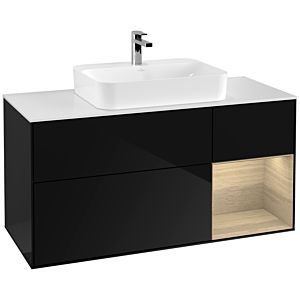 Villeroy und Boch Finion Waschtischunterschrank G421PCPH 120cm, Abdeckplatte white matt, Emotion, Regal rechts Oak veneer, Glossy Black Lacquer