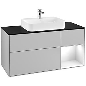Villeroy und Boch Finion Waschtischunterschrank G422GFGJ 120cm, Abdeckplatte black matt, Emotion, Regal rechts Glossy white, Light grey matt