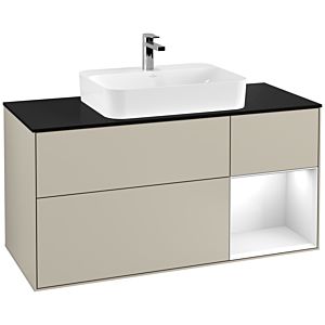 Villeroy and Boch Finion Villeroy and Boch Finion G422GFHH 120cm, cover plate black matt, Emotion, shelf on the right Glossy white, Sand Matt Lacquer