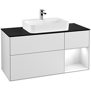 Villeroy et Boch Finion Villeroy et Boch G422GFMT 120cm, plaque de finition noir mat, Emotion, étagère à droite blanc brillant, laqué blanc mat