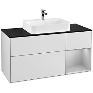 Villeroy und Boch Finion Waschtischunterschrank G422GJMT 120cm, Abdeckplatte black matt, Emotion, Regal rechts Light grey matt, White matt lacquer