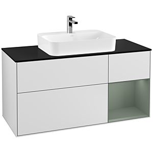 Villeroy et Boch Finion Villeroy et Boch G422GMMT 120cm, plaque de recouvrement noir mat, Emotion, étagère à droite olive mat, laqué blanc mat