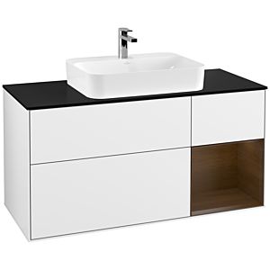 Villeroy et Boch Finion Villeroy et Boch G422GNGF 120cm, plaque de finition noir mat, Emotion, étagère à droite placage noyer, laqué blanc brillant