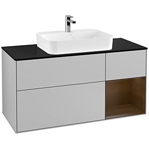 Villeroy und Boch Finion Waschtischunterschrank G422GNGJ 120cm, Abdeckplatte black matt, Emotion, Regal rechts Walnut veneer, Light grey matt