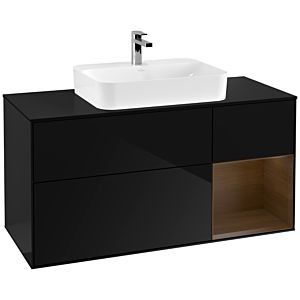 Villeroy und Boch Finion Waschtischunterschrank G422GNPH 120cm, Abdeckplatte black matt, Emotion, Regal rechts Walnut veneer, Glossy Black Lacquer
