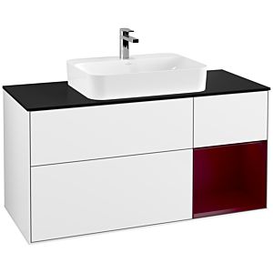 Villeroy und Boch Finion Waschtischunterschrank G422HBGF 120cm, Abdeckplatte black matt, Emotion, Regal rechts Peony matt, Glossy white lacquer