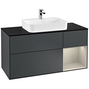 Villeroy und Boch Finion Waschtischunterschrank G422HHHG 120cm, Abdeckplatte black matt, Emotion, Regal rechts Sand matt, Midnight Blue Matt Lacquer