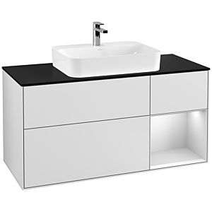 Villeroy et Boch Finion Villeroy et Boch G422MTMT 120cm, plaque de finition noir mat, Emotion, étagère à droite blanc mat, laqué blanc mat