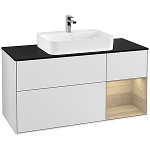 Villeroy und Boch Finion Waschtischunterschrank G422PCMT 120cm, Abdeckplatte black matt, Emotion, Regal rechts Oak veneer, White matt lacquer