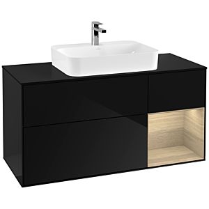 Villeroy und Boch Finion Waschtischunterschrank G422PCPH 120cm, Abdeckplatte black matt, Emotion, Regal rechts Oak veneer, Glossy Black Lacquer